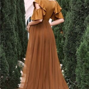 Elegant Brown Maxi Dress with Ruffle Sleeves